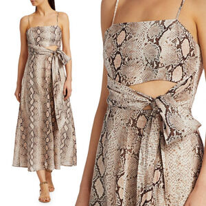 Zimmermann 3 Bellitude 100% LINEN Python Snake Print Midi Dress Neutral Tan 10